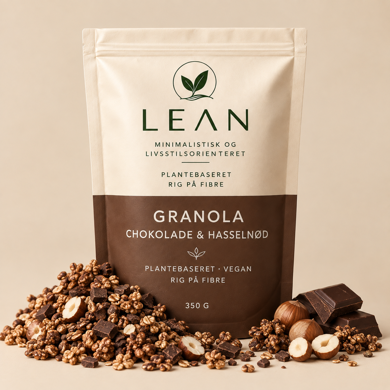 LEAN granola med kako og hasselnødsmag